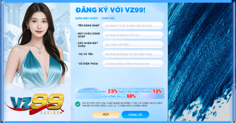 Đăng ký tài khoản VZ99 dễ dàng và nhiều khuyến mãi