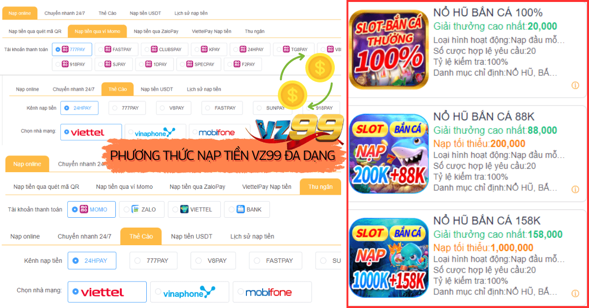 Các Phương thức nạp tiền tại vz99 đa dạng và tiện ich